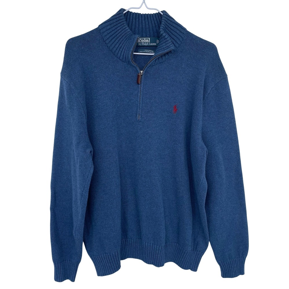 Vintage 90s Polo‎ Ralph Lauren Mens Blue 1/4 Zip Sweater Knit XL Cotton Blue tag